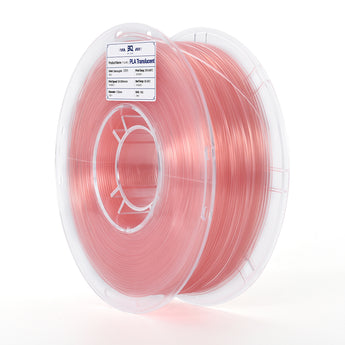 A spool of translucent pink PLA filament in a clear plastic container, with a white product label on the front, photographed on a clean white background.