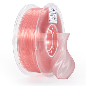 A spool of translucent pink 3D printer filament with a small printed vase-shaped sample shown in front, on a clean white background.