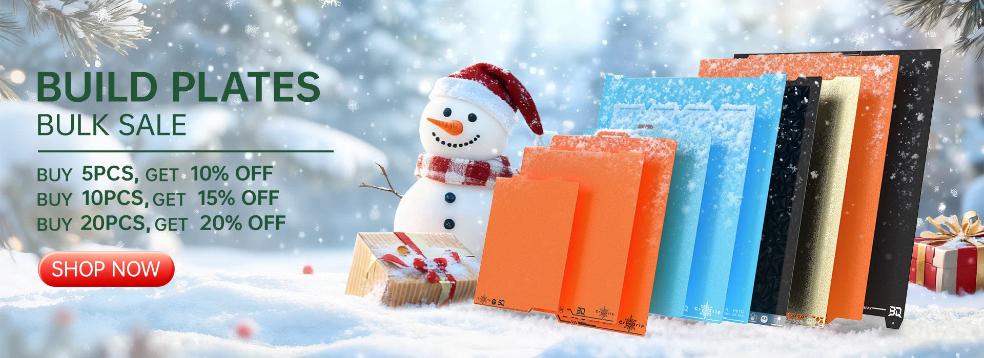 Promotional banner for a holiday-themed bulk sale of ceramic plates. The text reads 'BUILD PLATES BULK SALE' with purchase discount details and a red 'SHOP NOW' button.